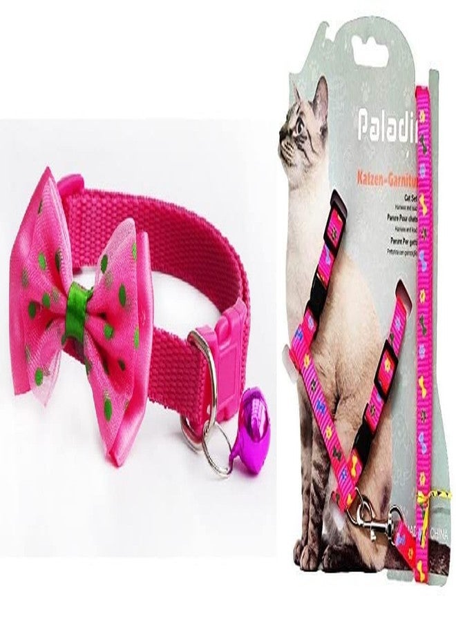 Pups&Pets Cat Collars with Bow Tie and Bell 1Pc Cat Body Paw n Bone Print Harness Leash Nylon Set 10mm Adjustable Puppy Kitten Pack of 2 (Pink Color) - Image 1